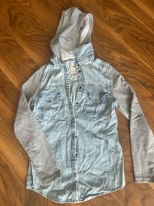 Denim & Gray Hooded Shirt