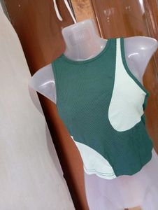 Green Colorblock Ribbed Tank Top