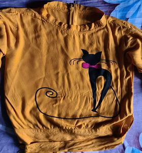 Cute Cat Print Yellow Tunic Top