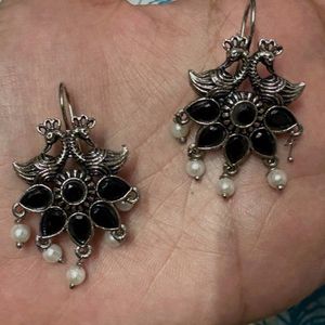 Black bead and pearl drop earrings