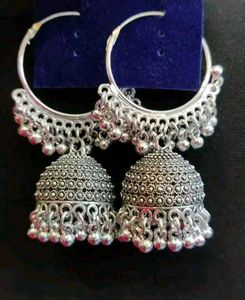 Oxidized Silver Hoop Jhumkis For Girls..
