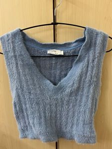 Blue Fuzzy V-Neck Crop Top