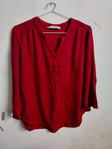 Red V-Neck Button-Up Blouse