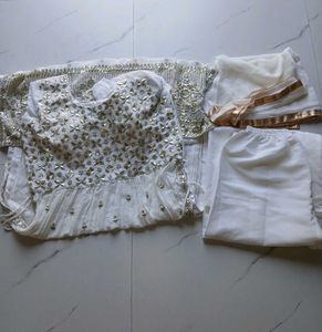 Elegant White Embroidered  nira cut Set