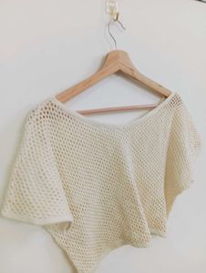Cream Cropped Mesh Top
