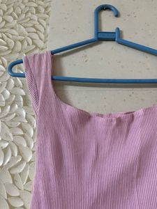 Pink Ribbed Square Neck Dress