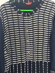 Navy Blue Striped Cotton Kurta