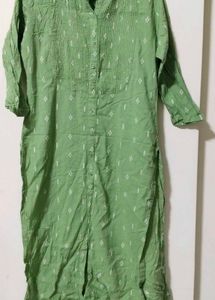 Green Printed Straight Kurti | Button-Down Cotton