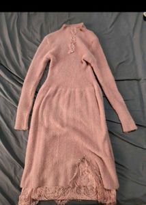 Cozy Pink Fuzzy Lace Trim Dress