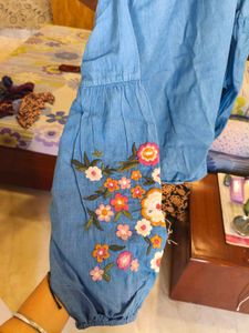 Blue Embroidered Denim Shirt for women