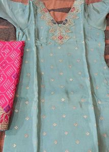 Beautiful Sky Blue Kurta Set with Pink Dupatta