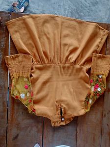 Mustard yellow girls frock top with floral net sle