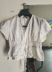Embroidered V-Neck Cinched Waist Top