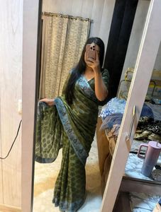 Beautiful Printed Olive Green Saree