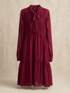 🍷✨ BURGUNDY PLEATED TIE-NECK CHIFFON MIDI DRESS