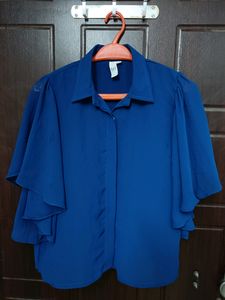 🔵 Blue Color Shiffon Sleeves Front Open Shirt.