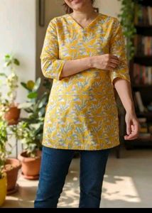 Yellow Floral Print Cotton Kurti