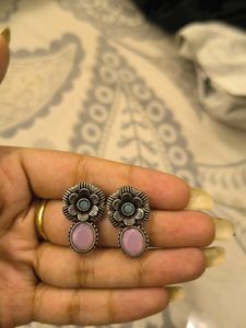 Oxidized Flower Earrings with Pink Stone