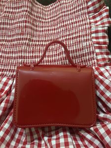 Red Gingham Off-Shoulder Dress with cute Handbag