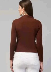 Brown Long Sleeve Cropped Polo Top