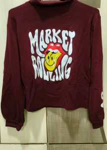 Maroon Graphic Print Cropped Sweatshirt