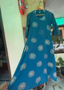 Teal Kurta with Golden Floral Print