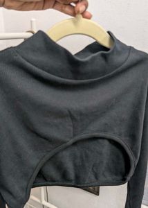 Black Ribbed Crop Top With Cut-Out Front