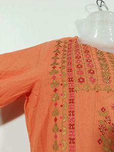 Orange Printed Cotton Kurti Set (Women)