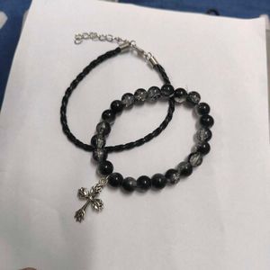 Unisex Black Beaded Cross Charm Bracelet