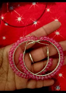 Pink Beaded Hoop Earrings