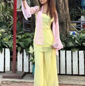 Elegant Yellow Kurta Set with Pink Dupatta