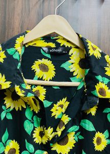 Sunflower Print Button-Down Midi Dress
