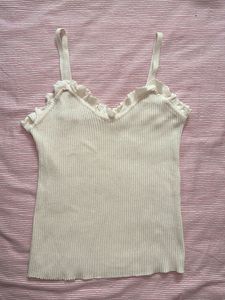 Cream Ribbed Camisole with Ruffle Trim