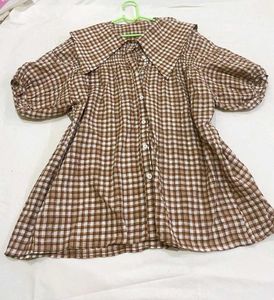 Cute Brown Gingham Puff Sleeve Top