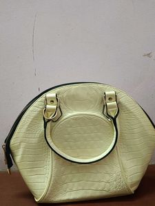 Cream Croc-Textured Dome Satchel Handbag