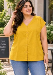 Chic Mustard V-Neck Button-Up Top
