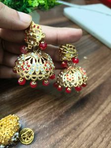 Elegant Jhumka Earrings with Red Beads