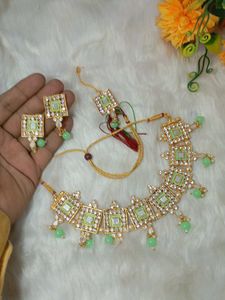 mirror plus minakari Giri mint color necklace desi