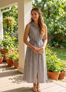 Classic Striped Midi Shirt Dress ( sleeves inside)