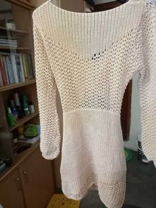 Lace-Up Front Crochet Long Sleeve Dress