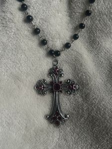 Gothic Cross Necklace with Red Jewels