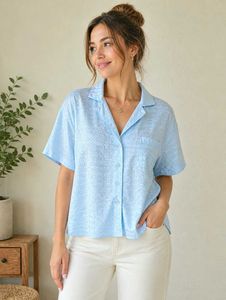 Light Blue Textured Button-Up Top Size-40