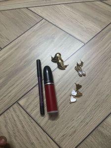 MAC Lipstick, eyeliner and earrings