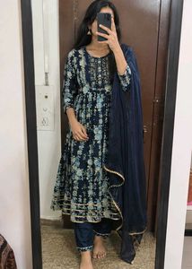 Festive Navy Blue Indian Anarkali Floral Print.