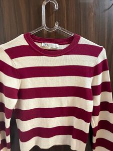 Zara Burgundy & Cream Striped Fine Knit Sweater |