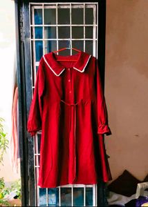 Chic Burgundy korean Velvet Dress With Bow