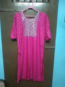 Pink Printed Kurta with Embellished Neckline