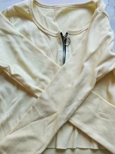 lemon yellow Ribbed Zip Neck Top