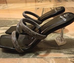 Black Rhinestone Slip-on Heels