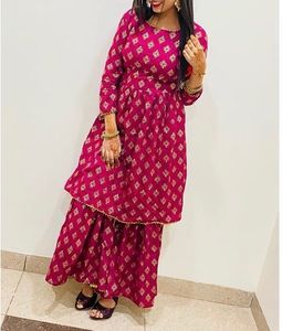 Printed Small Flare Kurti With Printed Grara Set In Small Size